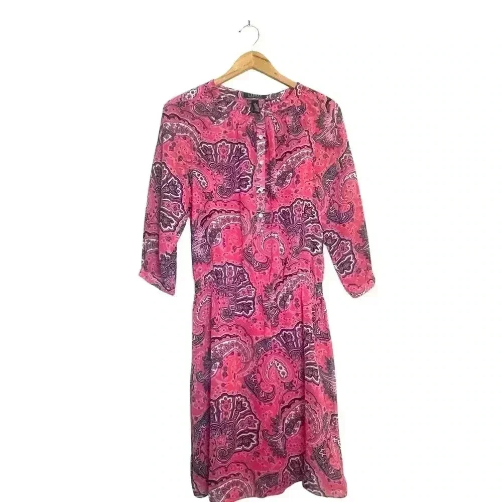 Lauren Ralph Lauren Paisley Pink Semi-Sheer Dress w/ Pink Slip‎ Dress Size 6 EUC
